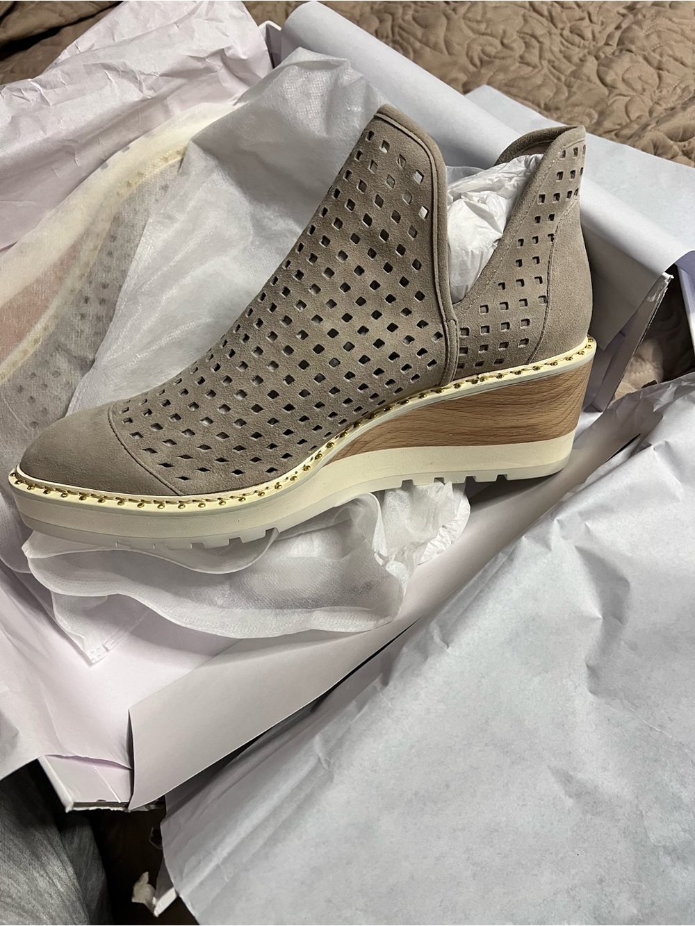 CECILIA NEW YORK Taupe Perforated Wedge Ankle Bootie